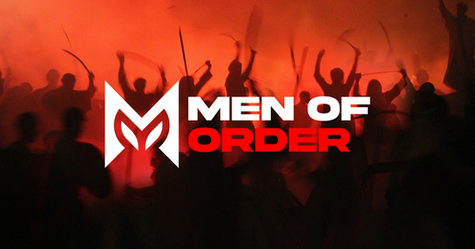 people engaged in war overlayed with men of order logo