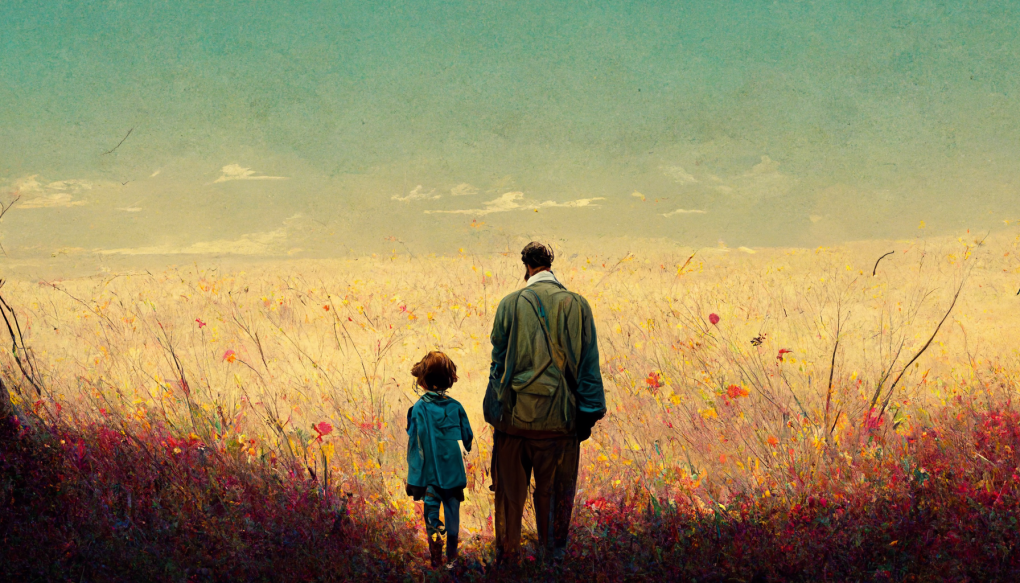 father and son walking in field