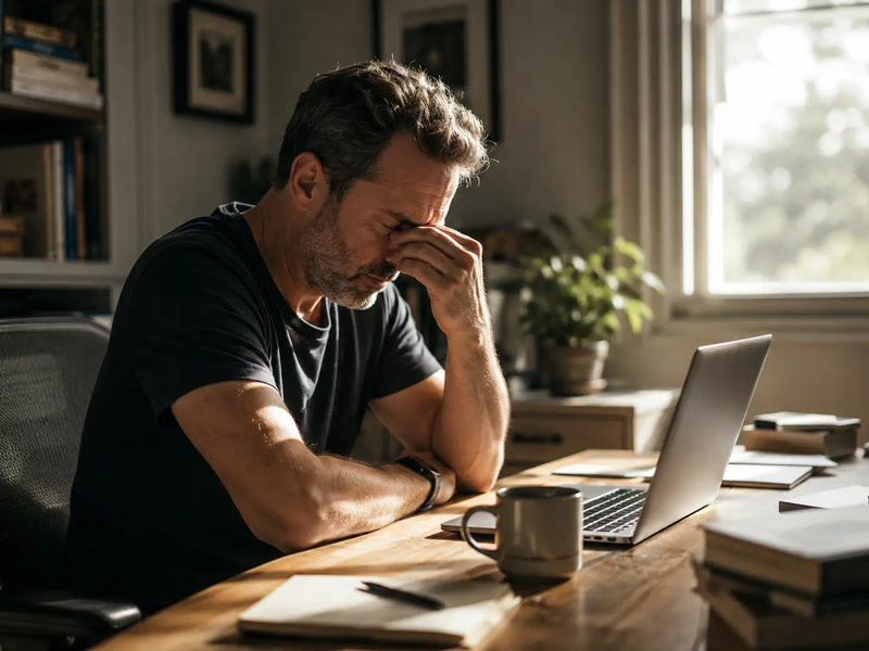 Man in his 40s tired even after 8 hours of sleep, fighting extreme fatigue in the afternoon at his desk
