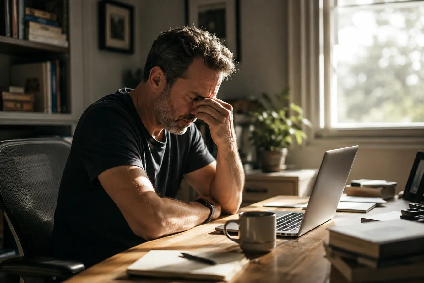 Man in his 40s tired even after 8 hours of sleep, fighting extreme fatigue in the afternoon at his desk