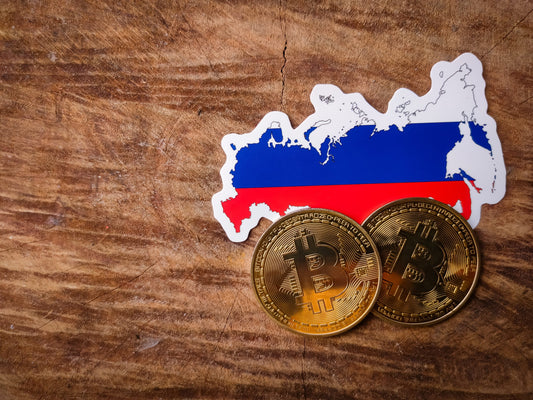 physical bitcoins and russian flag