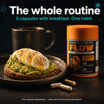 Three FLOW capsules next to a breakfast plate — simple daily brain supplement routine taken with food — thumbnail 10