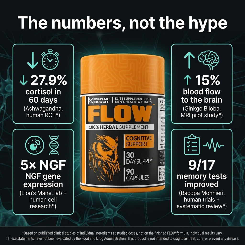FLOW supplement ingredient study results: ashwagandha cortisol reduction, ginkgo brain blood flow increase, lion's mane nerve growth factor research, bacopa memory trials