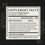 APEX supplement facts: 1500mg blend of 10 botanicals including Tongkat Ali, fenugreek, maca, and nettle root — 3 vegan capsules per serving. — thumbnail 2