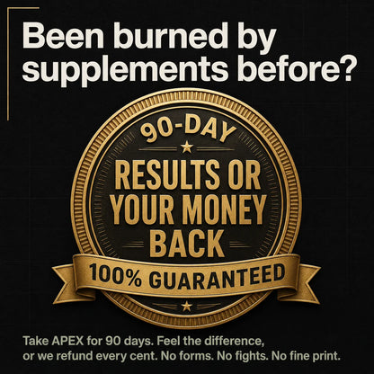 APEX natural testosterone booster 90-day money-back guarantee: take APEX for 90 days and feel the difference or get a full refund — no questions, no forms, no hassle. 