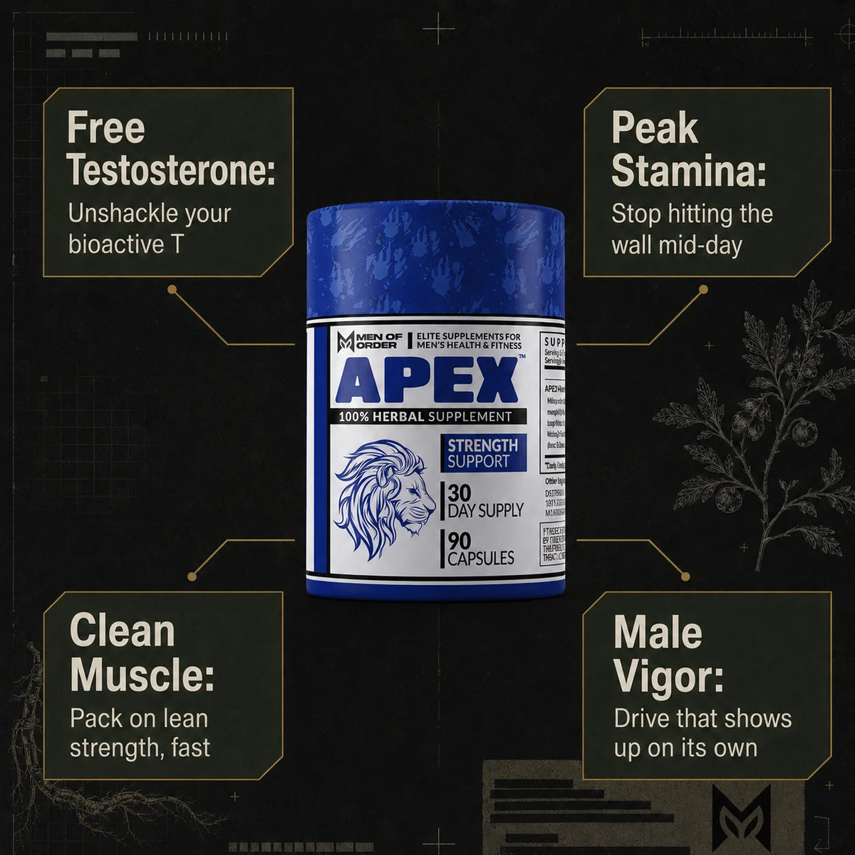 APEX natural testosterone booster benefits: supports healthy free testosterone, peak stamina without mid-day crashes, lean muscle strength, and male vigor — 100% herbal supplement, 90 capsules, 30-day supply. — image 5