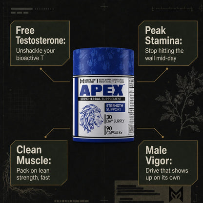 APEX natural testosterone booster benefits: supports healthy free testosterone, peak stamina without mid-day crashes, lean muscle strength, and male vigor — 100% herbal supplement, 90 capsules, 30-day supply.