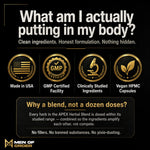 APEX testosterone supplement bottle by Men of Order with four quality badges: Clinically Studied ingredients, GMP Certified US facility, 100% Herbal & Vegan with no fillers, and No Banned Substances clean label. — thumbnail 12