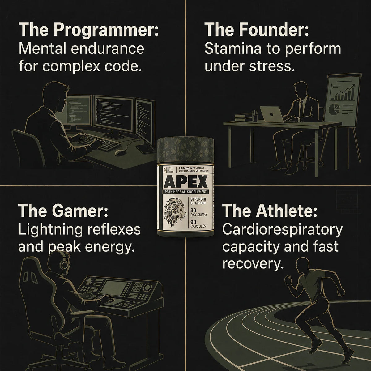 Who APEX testosterone supplement is for: programmers needing mental endurance for complex code, founders needing stamina to perform under stress, gamers wanting sharp energy and reflexes, and athletes wanting cardiorespiratory capacity and fast recovery. — image 8
