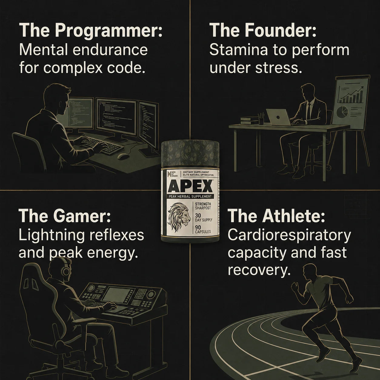 Who APEX testosterone supplement is for: programmers needing mental endurance for complex code, founders needing stamina to perform under stress, gamers wanting sharp energy and reflexes, and athletes wanting cardiorespiratory capacity and fast recovery.