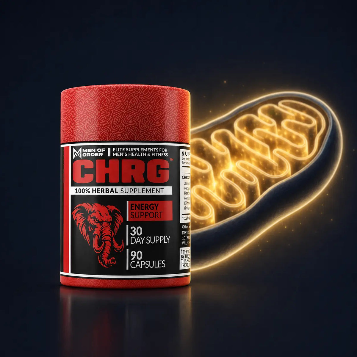 CHRG Energy Support — caffeine-free mitochondrial energy supplement for men by Men of Order, shown with a restored mitochondrion glowing at full capacity.