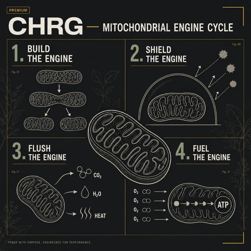 Four-step diagram of the mitochondrial engine cycle: step one, build the engine, showing mitochondria multiplying; step two, shield the engine, showing a protective dome deflecting damage particles; step three, flush the engine, showing damaged mitochondria being cleared from the cell; step four, fuel the engine, showing oxygen and ATP energizing a mitochondrion.