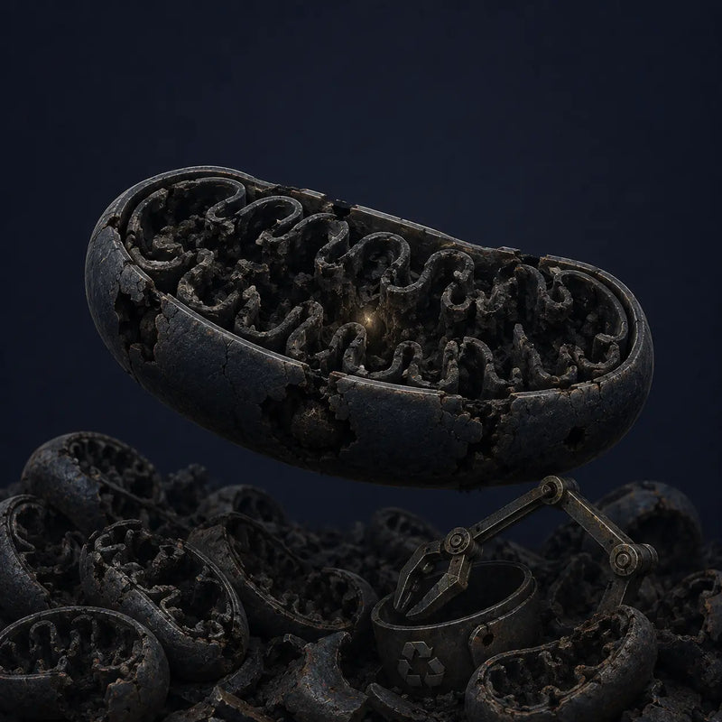 Damaged mitochondria piling up inside a cell when mitophagy (cellular recycling) fails — a root cause of chronic fatigue and low energy.