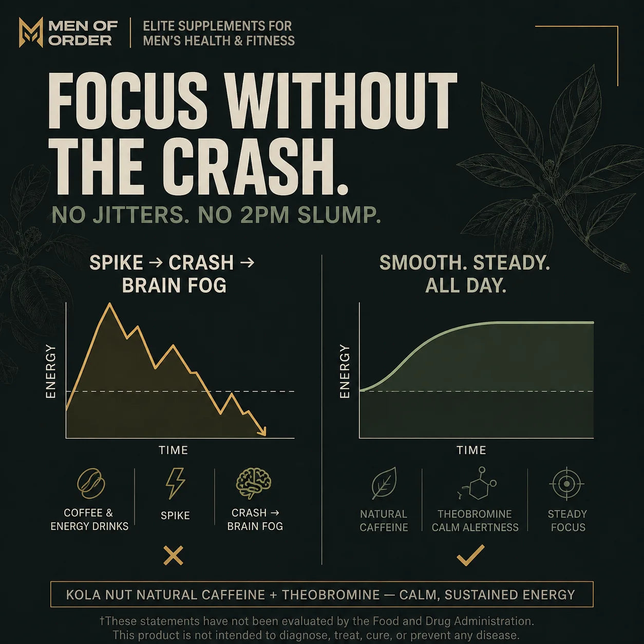FLOW brain supplement without caffeine crash comparison chart showing the energy spike, crash, and brain fog of coffee and energy drinks compared against the smooth, steady, all-day calm focus of Kola Nut natural caffeine and theobromine.