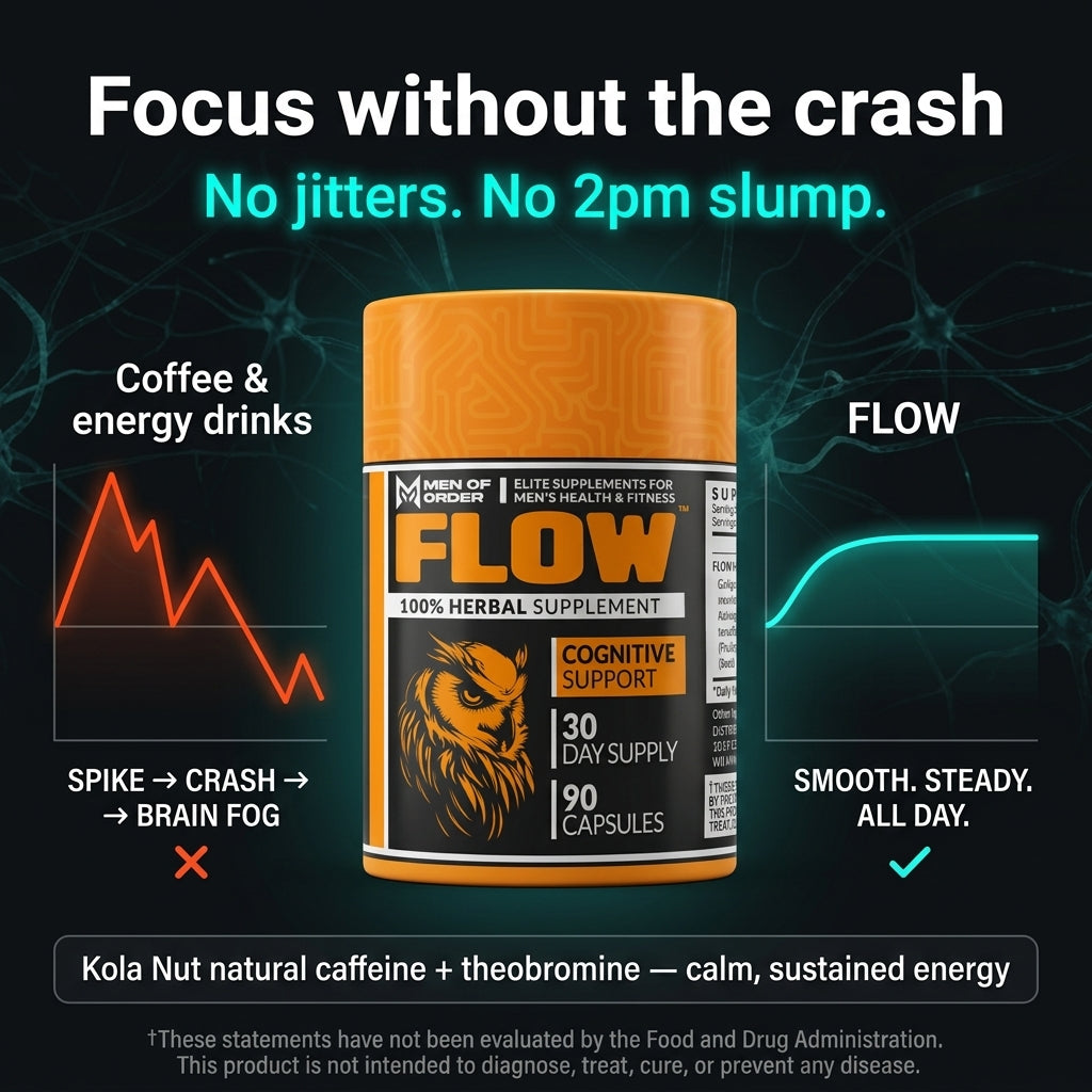 Comparison chart showing coffee and energy drink energy spike and crash versus FLOW nootropic supplement's smooth, steady all-day focus curve