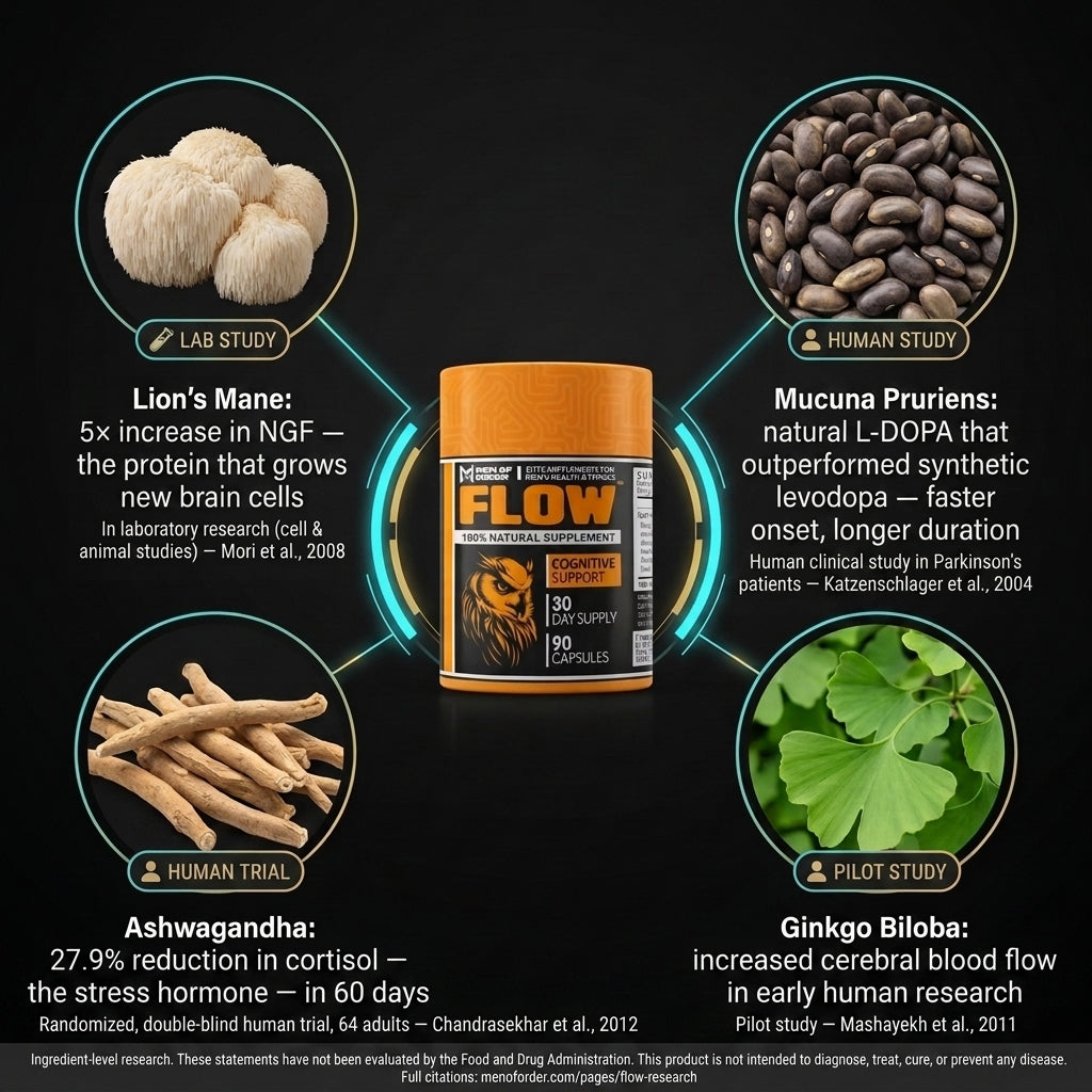 FLOW focus supplement ingredients Mucuna Pruriens, Lion's Mane, Ashwagandha, and Ginkgo Biloba