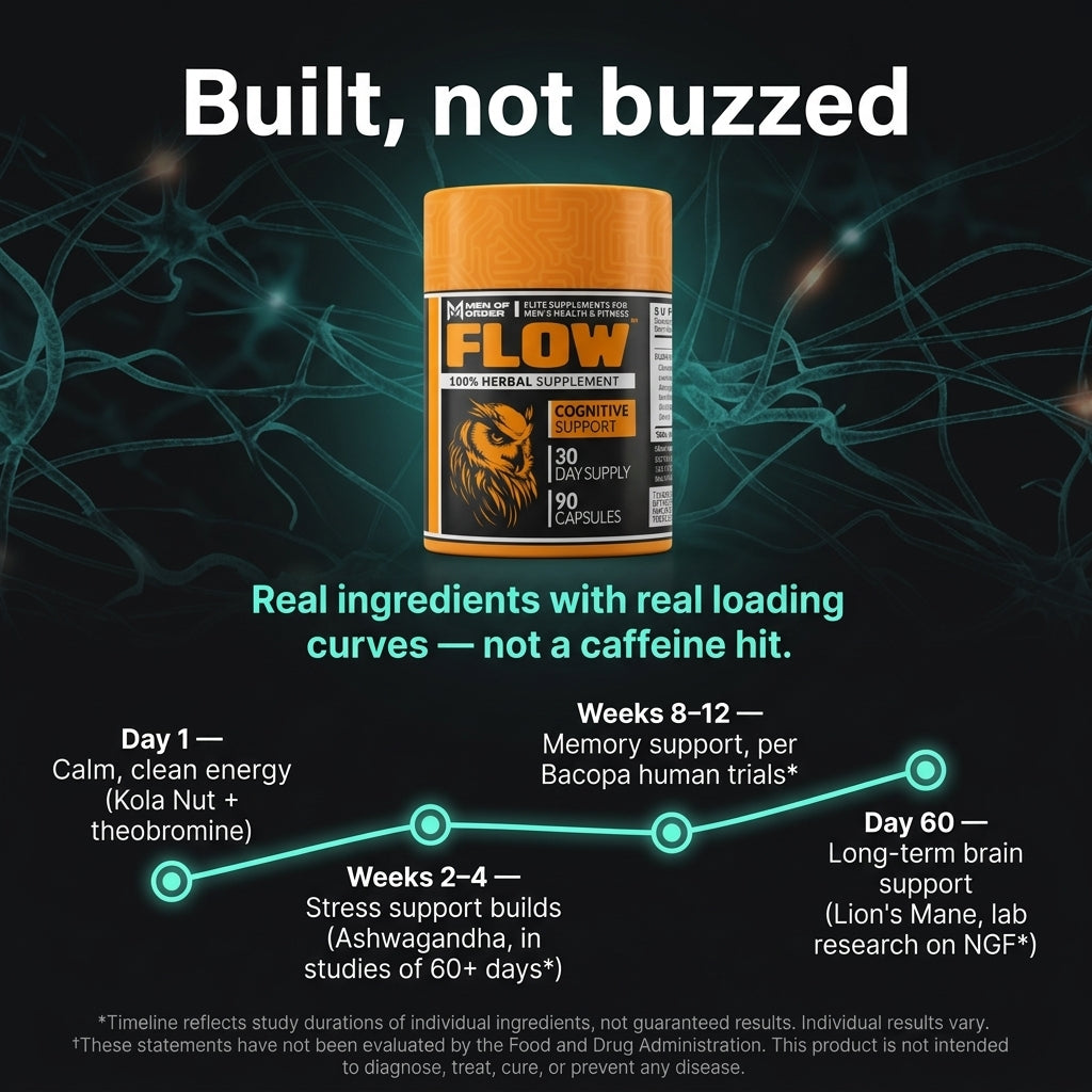 FLOW supplement ingredient study timeline: calm energy from kola nut, ashwagandha stress support over 60 days, bacopa memory trials over 8 to 12 weeks, lion's mane research