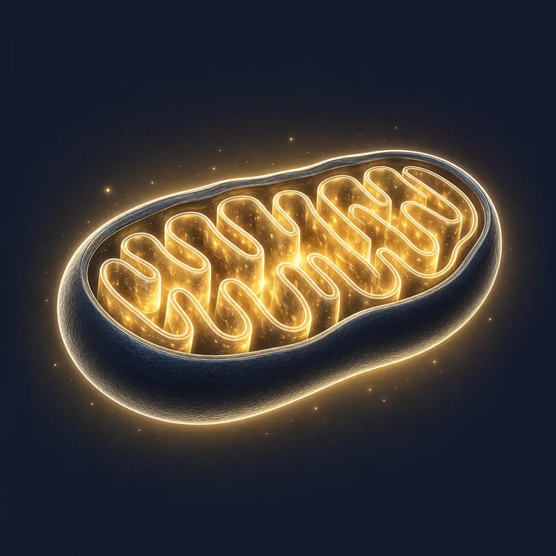 Illustration of a restored mitochondrion at full energy output — mitochondrial biogenesis rebuilding the cellular engines that decline with age.