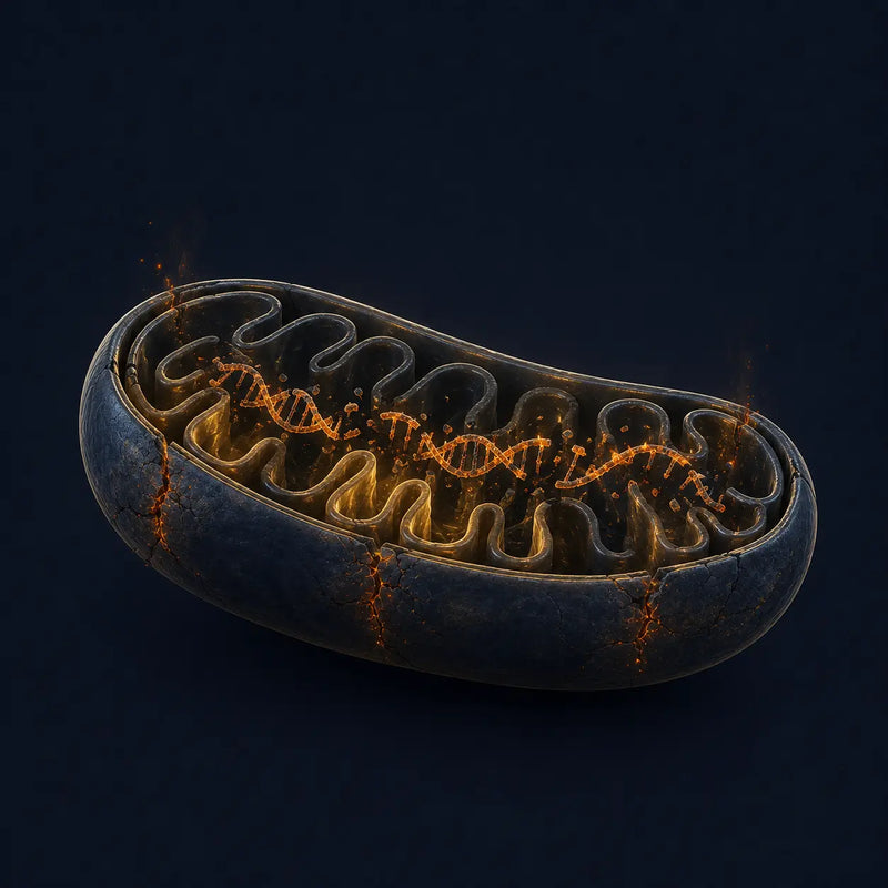 Mitochondrial DNA (mtDNA) accumulating mutations — damaged genetic instructions that reduce the cell's ability to produce energy with age.