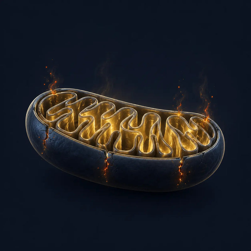 Illustration of a mitochondrion leaking reactive oxygen species (ROS) — how oxidative stress damages mitochondrial health and lowers cellular energy production.