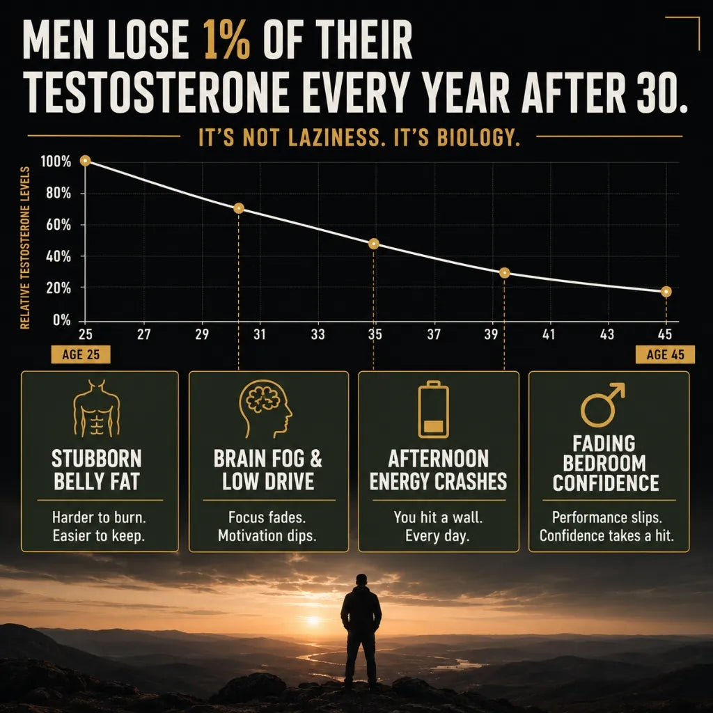 Testosterone decline in men after 30: men lose about 1% of their testosterone per year, leading to stubborn belly fat, brain fog, low drive, afternoon energy crashes, and fading bedroom confidence.