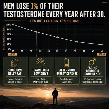 Testosterone decline in men after 30: men lose about 1% of their testosterone per year, leading to stubborn belly fat, brain fog, low drive, afternoon energy crashes, and fading bedroom confidence.