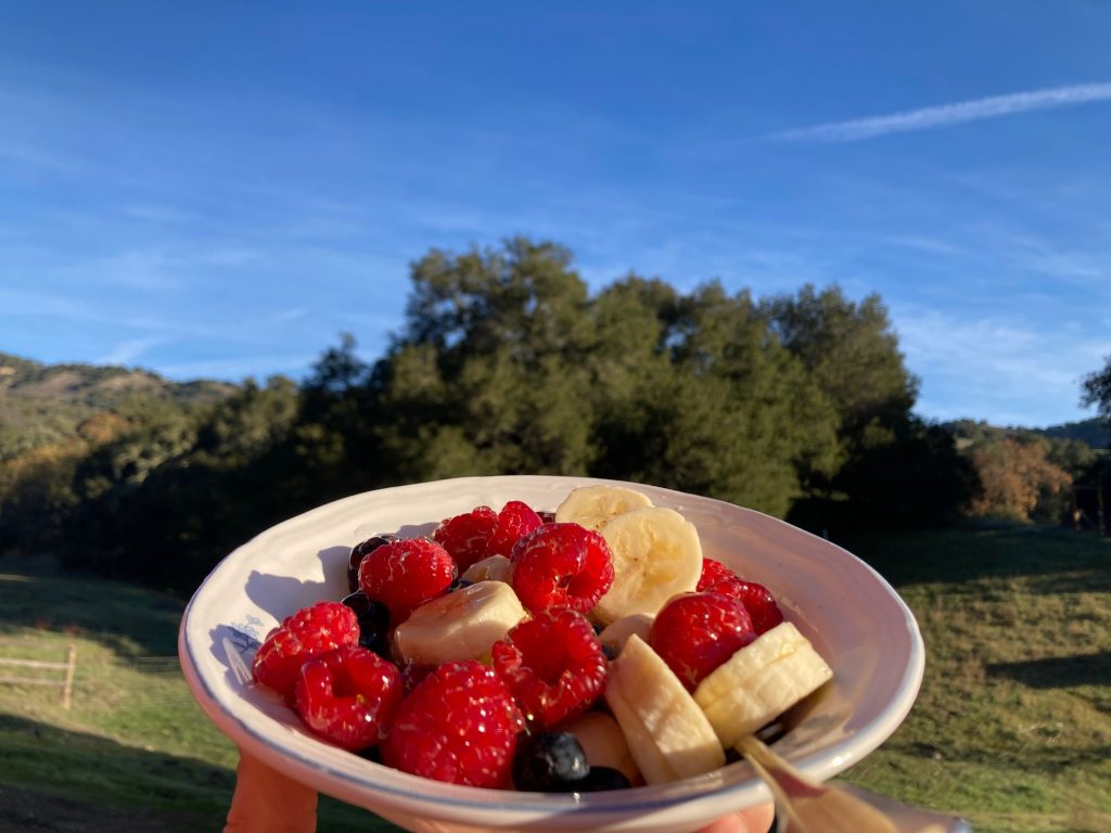Berry bowl with raspberries, banana, blueberries being held up to the sky and mountains in the background