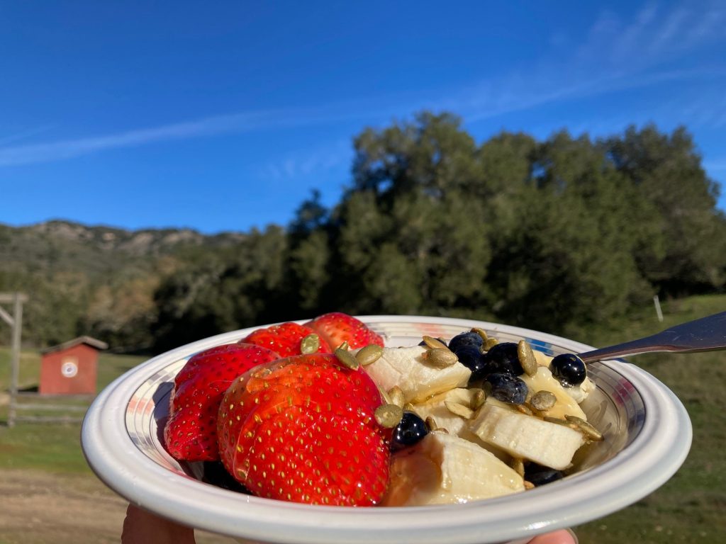 Berry bowl with strawberries, banana, blueberries being held up to the sky and mountains in the background