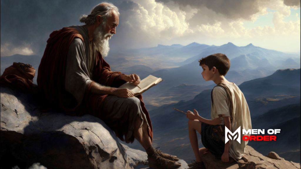 philosopher and teenage boy on mountain top