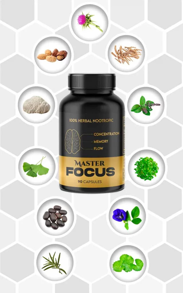 the master focus bottle with ingredients surrounding it